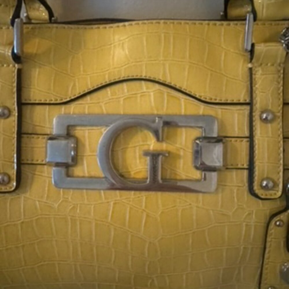 GUESS Glossy Croc-Embossed Leather Crossbody Purse Yellow "Designer Handbag"